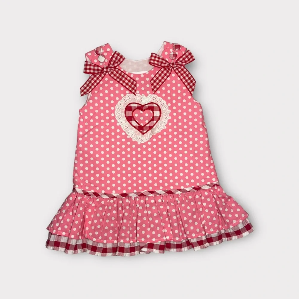Lil Cactus Polkadot Heart Eyelet Trim Pink Pinafore Dress